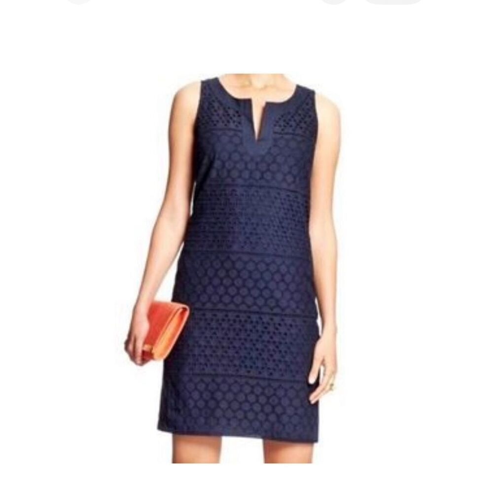 Banana Republic Rio Eyelet Shift Dress Navy Blue Sleeveless Sheath Lined Women 2